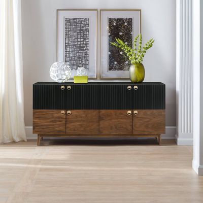 Armen Living Amigo Veneer Wood Buffet Black/Walnut: Modern Storage Credenza, Dining Server Cabinet