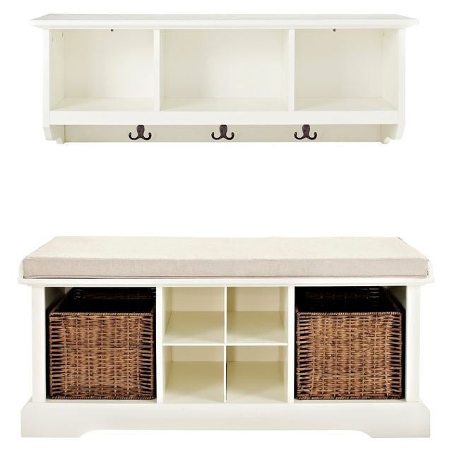 2pc Brennan Entryway Bench and Shelf Set White - Crosley: Hardwood Hall Tree, Coat Hooks, Storage Baskets