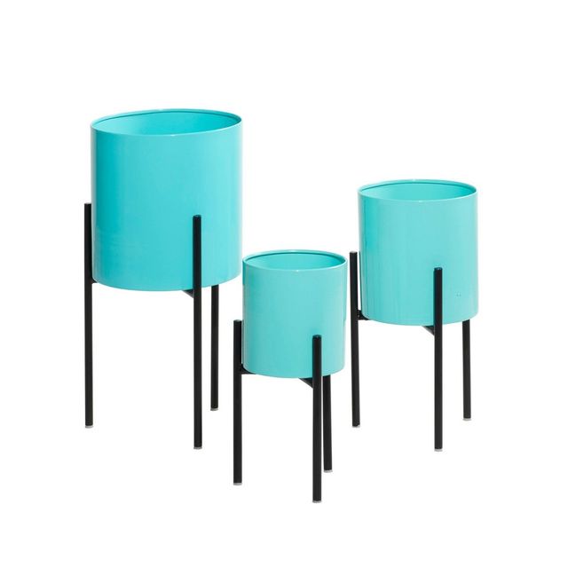 Set of 3 Contemporary Metal Planters Teal - Olivia & May: Decorative, No Drainage, Round Shape, Iron Stand