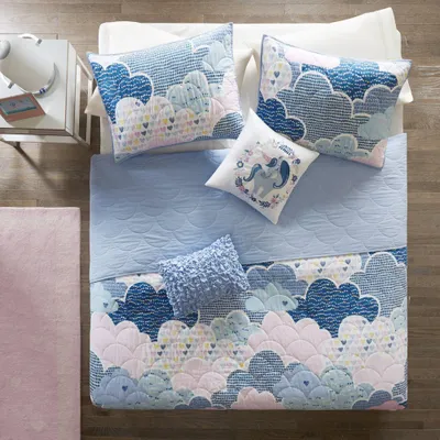 Full/Queen Euphoria Cotton Reversible Fluffy Cloud Print Kids Quilt Set Blue