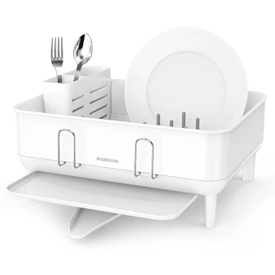 simplehuman Compact Kitchen Dish Drying Rack with Swivel Spout Stainless Steel : Non-Slip Grip, Freestanding, 5-Year Warranty