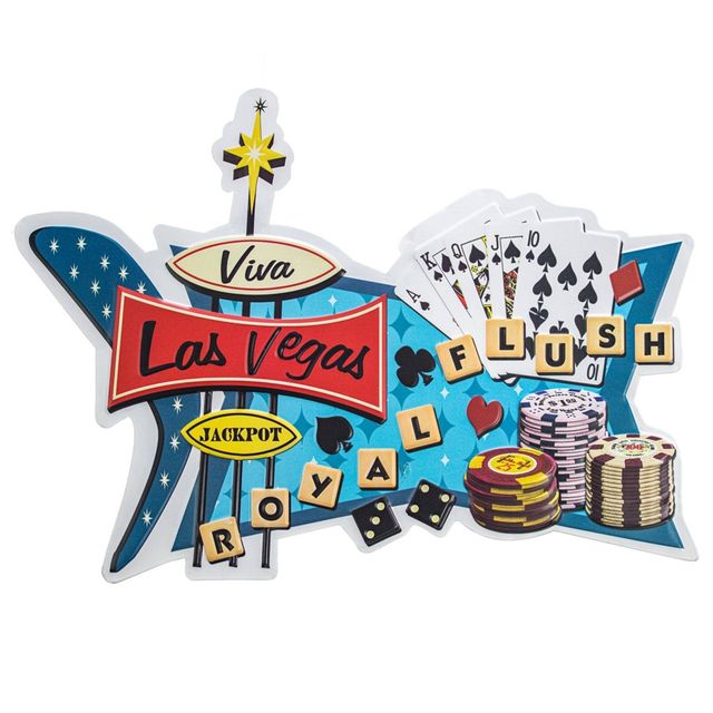 American Art Decor 18 x 13 Viva Las Vegas Royal Flush Embossed Metal Sign Sky Blue/Red/Yellow: Sin City Elvis Tribute Wall Decor