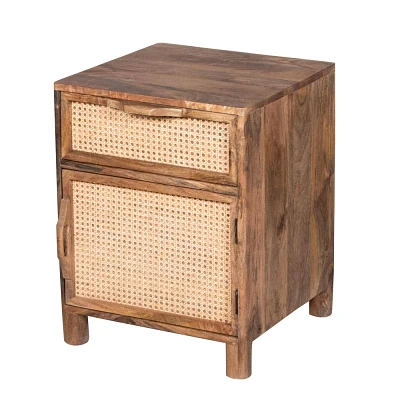 The Urban Port 23 Nightstand Woven Rattan Cabinet Door and Drawer Handcrafted Natural Brown Mango Wood Brown