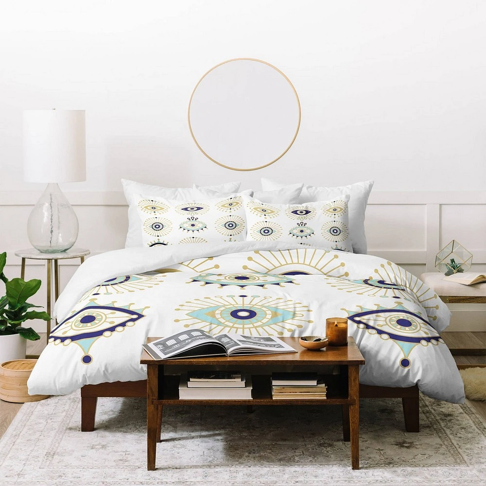 Deny Designs Twin/Twin Extra Long Cat Coquillette Evil Eye Collection Duvet Cover and Pillow Shams White: Abstract Non-Woven, Machine Washable