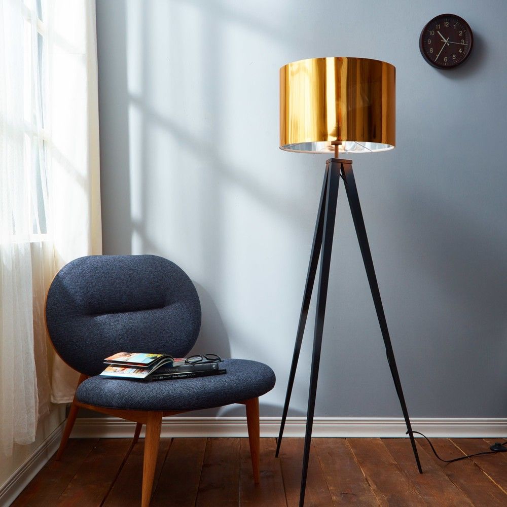 60 Allora Mid-Century Modern Tripod Floor Lamp with Drum Shade Gold/Black - Teamson Home