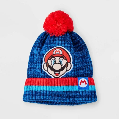 Boys Nintendo Mario Pom Beanie - Blue/Red