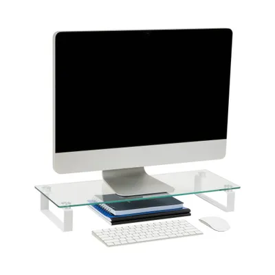 Mind Reader Monitor Stand Office Glass Clear: Desk Organizer & Office Supplies, Metal Monitor Riser, 24.45 x 8.66