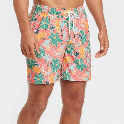 Mens 7 Floral Print Elevated Elastic Waist Swim Shorts with Boxer Brief Liner