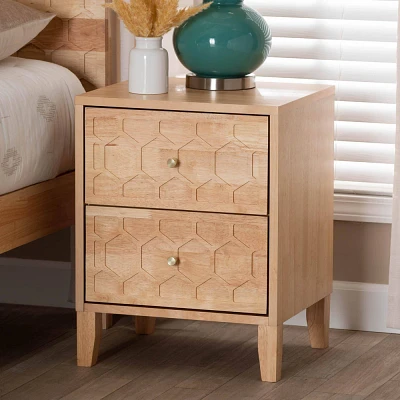 Baxton Studio Hosea Carved Honeycomb 2 Drawer Nightstand Natural