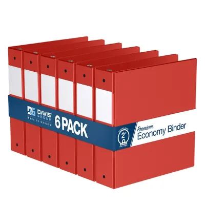 Davis Group 6pk 2 Premium Economy Round Ring Binders Red: Hard Cover, 400 Sheet Capacity, 2 Pockets, Polypropylene