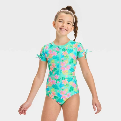 Girl Enchanting Tropical Floral Printed One Piece Rah Guard