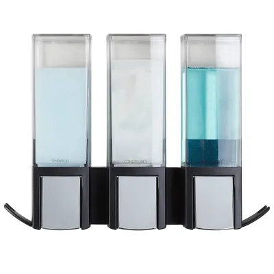 Better Living Products Clever Three Chamber Wall Mount Soap and Shower Dispenser Black/Chrome: Gel & Shampoo Storage, Easy Refill Design