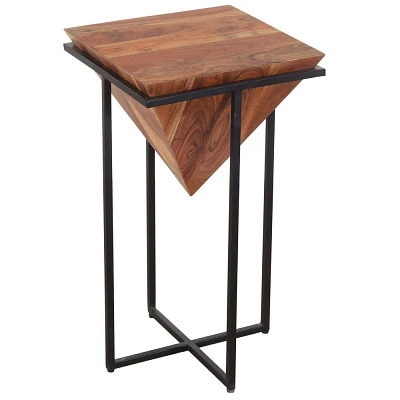 The Urban Port 26 Pyramid Shape Wooden Side Table with Cross Metal Base Brown/Black