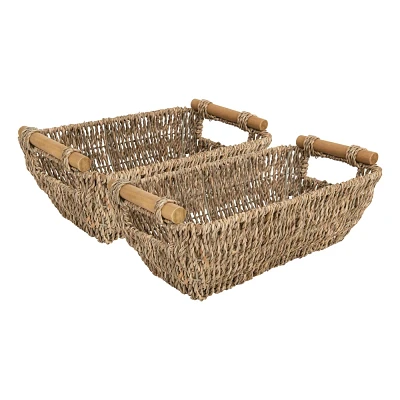 WeThinkStorage Hand-Woven Seagrass Basket with Wooden Handles