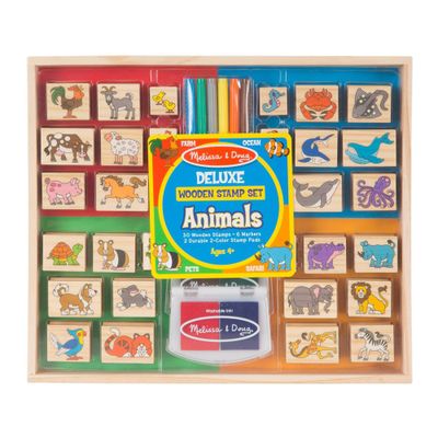 Melissa & Doug Deluxe Wooden Stamp Set: Animals - 30 Stamps, 6 Markers, 2 Stamp Pads