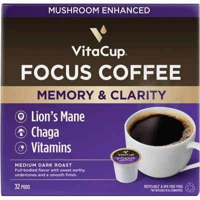 VitaCup Focus Mushroom Coffee Pods for Memory & Clarity Medium Roast Coffee - 32ct