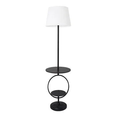 Bedside Nightstand End Table Dual Shelf Decorative Floor Lamp Black - Elegant Designs: Modern Metal with Linen Shade, ETL Listed