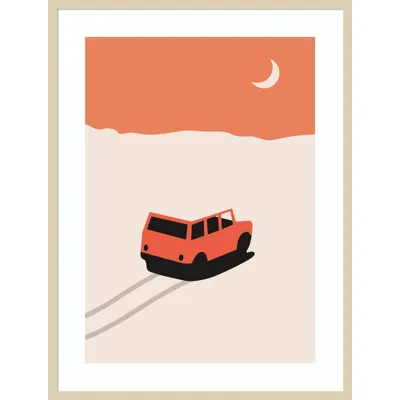 31 x 41 Red Car in Desert with Moon by Bodflorent - Amanti Art: Nightfall Landscape, Crescent Illumination