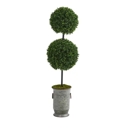 50 Indoor/Outdoor Boxwood Double Ball Artificial Topiary Tree in Vintage Metal Planter - Nearly Natural