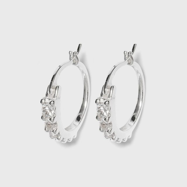 Women Sterling Silver Cubic Zirconia Hoop Earring - Silver