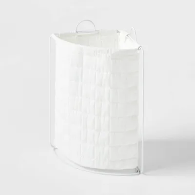 Quilted Collapsible Corner Kids Hamper White - Pillowfort: Canvas Laundry Basket, 2500 Volume, 2 Handles, Check Pattern