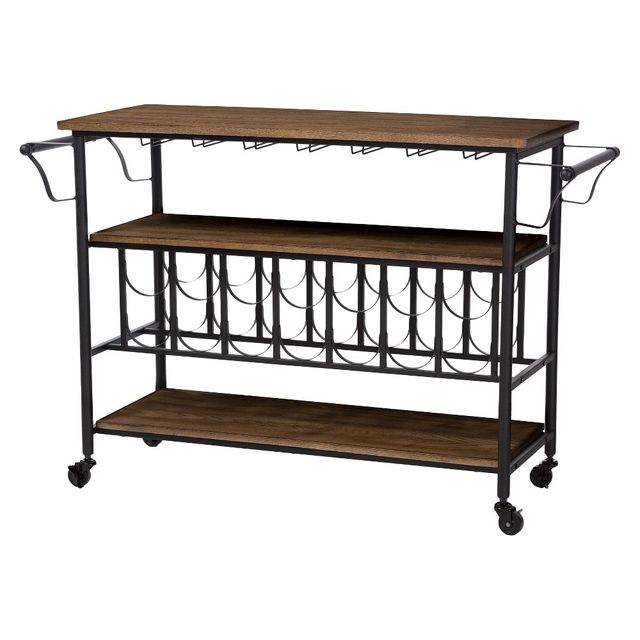 Bradford Industrial Antique Black Distressed Wood Bar Cart: Glass Racks, Towel Holders - Baxton Studio