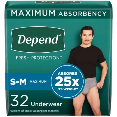 Depend Fresh Protection Adult Incontinence Disposable Underwear for Men - Maximum Absorbency - S/M - Gray