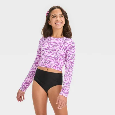 Girls Zebra Printed Rash Guard Swim Top