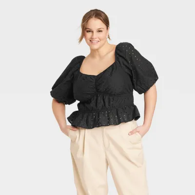 Womens Plus Size Puff Elbow Sleeve Eyelet Shirt - A New Day Black 4X