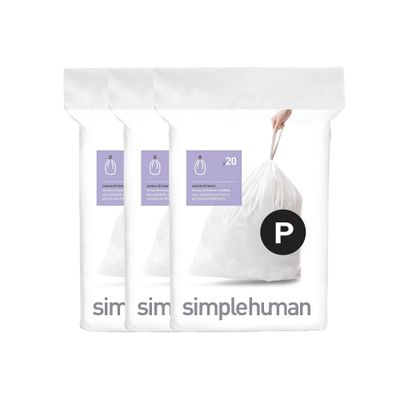 simplehuman 50-60L Code P Custom Fit Kitchen Trash Bag Liners 3 Quick Dispense Packs - 60ct: 50 Liter Drawstring Bags