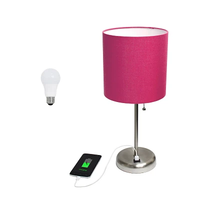 Creekwood Home Oslo 19.5 USB Port Feature Metal Table Desk Lamp in Brushed Steel with Feit LED (Includes LED Light Bulb) Pink