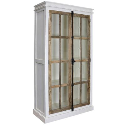 StyleCraft Tucker Curio Cabinet White/Natural: Mango Wood, French Hardware, Tempered Glass, 3 Shelves