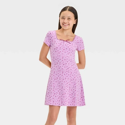 Girls Short Sleeve Square Neck Ribbed Dress