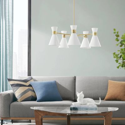 Ink+Ivy Ezra 5-Light Adjustable Chandelier Antique Brass/White: Mid-Century Dining Room Lighting