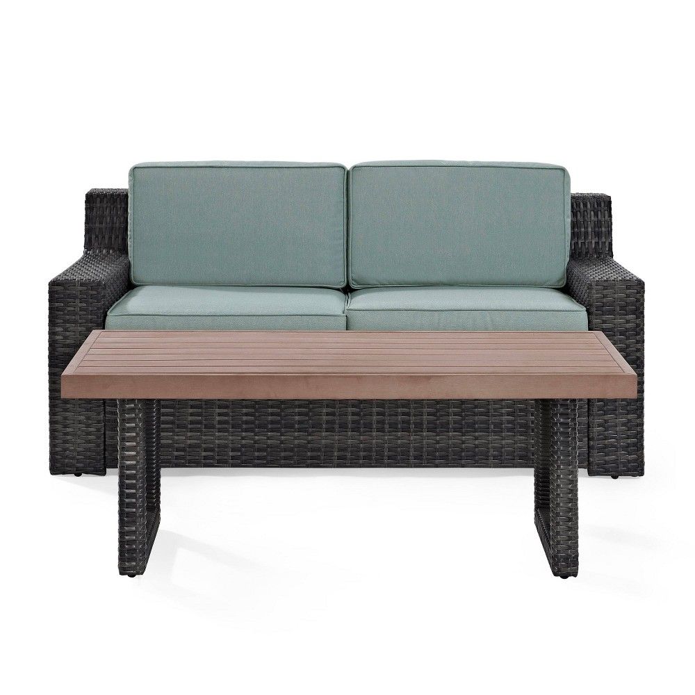 Beaufort 2pc Outdoor Wicker Chat Set - Mist - Crosley: Patio Furniture with Coffee Table & Cushions