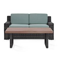 Beaufort 2pc Outdoor Wicker Chat Set - Mist - Crosley: Patio Furniture with Coffee Table & Cushions