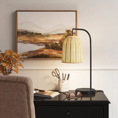 20.5x7 Addison Rattan Table Lamp Brown - Threshold: Curved Metal, LED, No Assembly Required