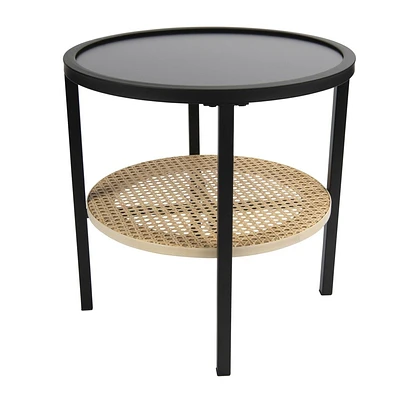 Storied Home Round Metal Accent Table with Tray Style Top and Handwoven Bamboo Storage Shelf Black/Natural