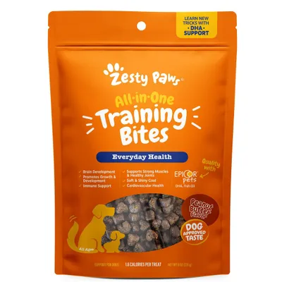 Zesty Paws Peanut Butter Flavor For Puppies and Adult Dogs with Omega-3 EPA & DHA Fatty Acids All-in-One Training Chewy Dog Treats- 8oz