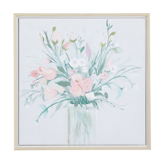 Canvas Floral Bouquet Framed Wall Art with Tan Frame - Olivia & May: Botanical Painting, Farmhouse Decor Style