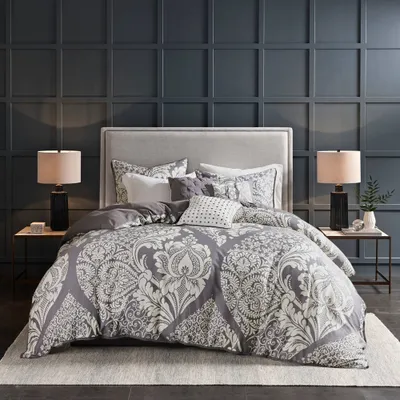 Madison Park 6pc Full/Queen Adela Printed Duvet Cover Bedding Set Slate: Damask, Embroidered, OEKO-TEX Certified