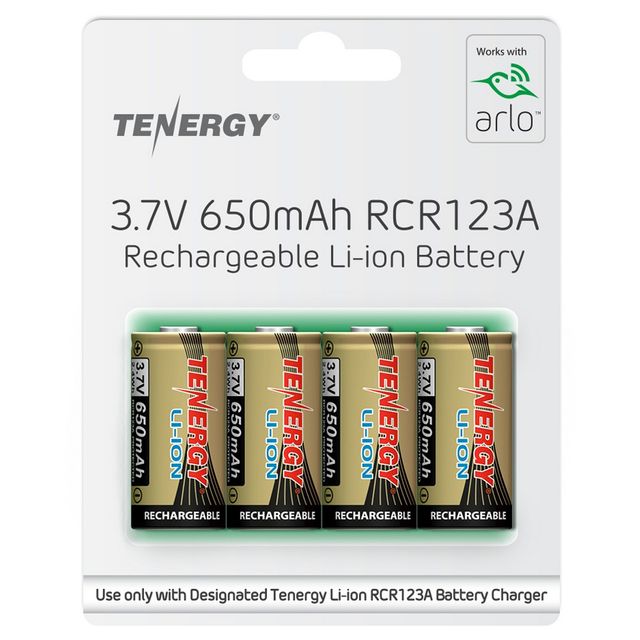 Tenergy Battery 4pk Li-ion rechargeable batteries 3.7V 650mAh RCR123A Works with Arlo HD Security Cameras (VMC3030)
