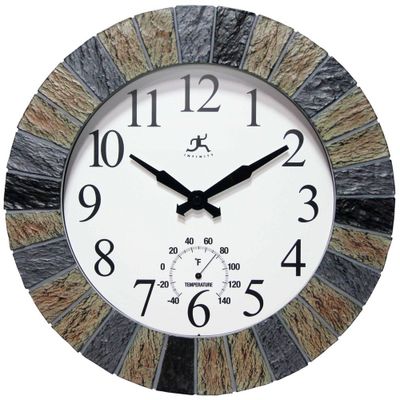 13 Faux Slate Stone Mosaic Indoor/Outdoor Wall Clock - Infinity Instruments: Modern Round with Thermometer