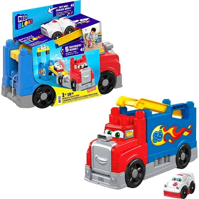 MEGA BLOKS Build&Race Rig Preschool Racing Themed Building Block Set with Buildable Big Rig Plus Race Car with Real Sounds and Stunt Race Track