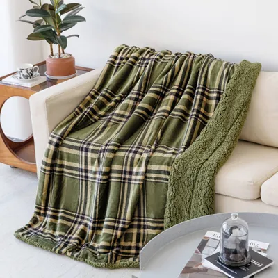 50x60 Velvet to Faux Shearling Plaid Throw Blanket Green - Mantolok