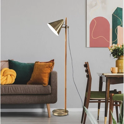 Bryn Floor Lamp Natural Rubberwood Antique Brass - Adesso: Adjustable Retro Standing Light, Touch Sensor