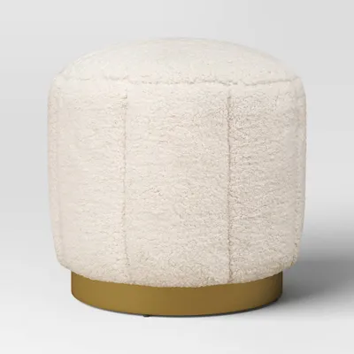 Galena Channel Tufted Shearling Brass Ottoman Cream - Threshold: Round Pouf, No Assembly, Metal Base