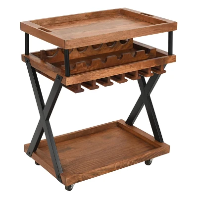 The Urban Port 30 Rolling Wine Bar Cart 2 Tray Tops Stemware Rack Bottle Holder Natural Brown Mango Wood Bar Serving Cart Brown/Black