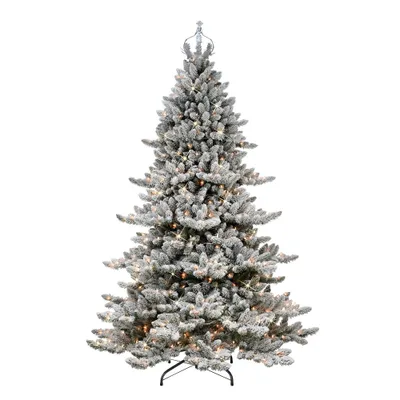 7.5ft Puleo Pre-Lit Flocked Full Royal Majestic Spruce Artificial Christmas Tree with Silver Crown Treetop Clear Lights: Hinged Branches