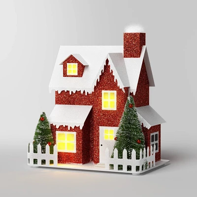 Lit Paper House with Bottle Brush Trees Christmas Village Figurine - Wondershop Red